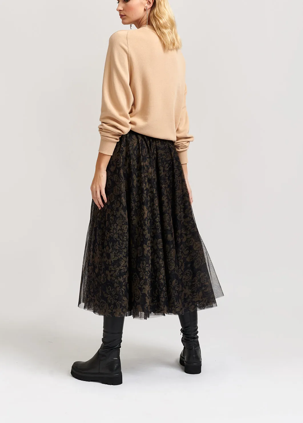Black and khaki green brocade-print tulle midi skirt