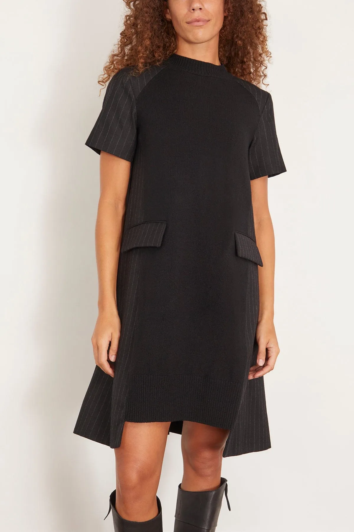 Chalk Stripe x Wool Knit Dress in Black